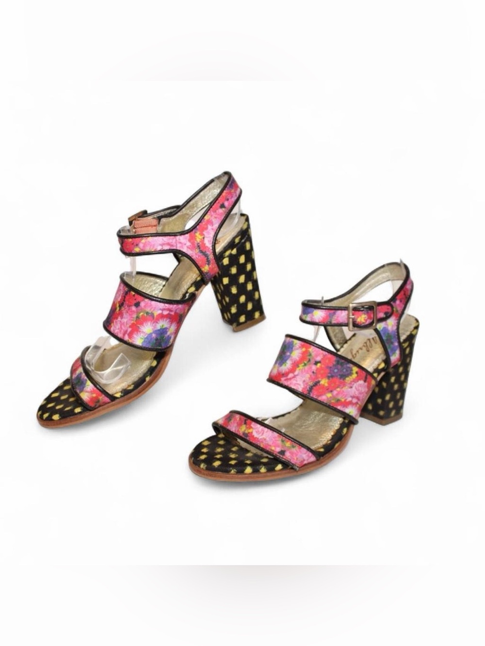 Colorful Floral Multi-Strap Block Heel Sandals - Pink